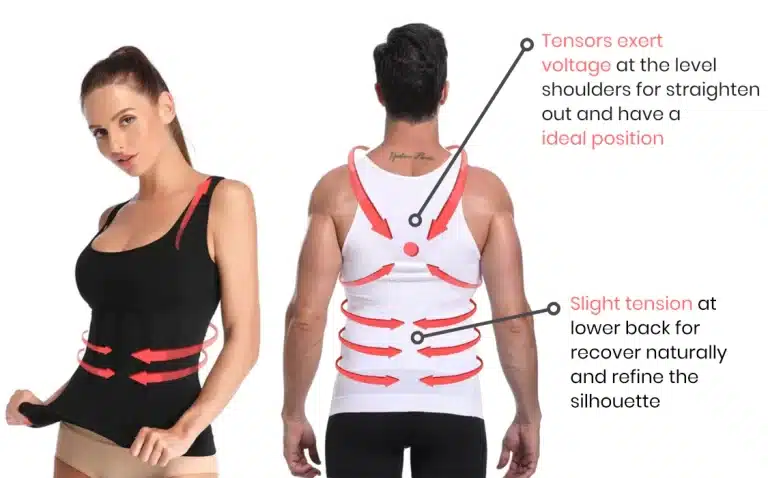 Tensors exert voltage at the level shoulders for straighten out and have ideal position. Slight tension at the lower back for recover naturally and refine the silhouette